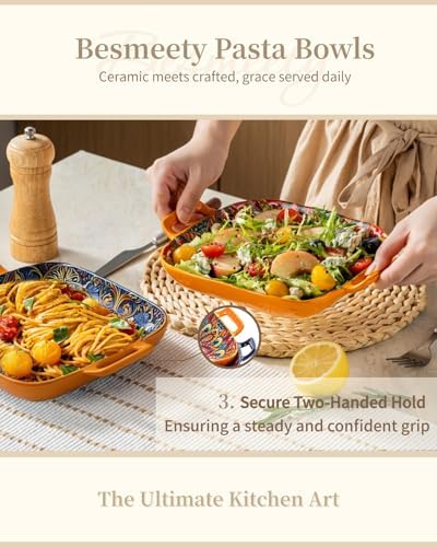Square Pasta Bowls with Handle, Boho Salad Serving Bowls Set of 2, Ceramic 7.09" Pasta Plates for Housewarming, alternate