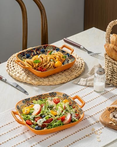 Square Pasta Bowls with Handle, Boho Salad Serving Bowls Set of 2, Ceramic 7.09" Pasta Plates for Housewarming, alternate