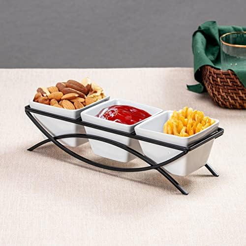 Square Ramekin Bowls 10 oz, Condiment Serving Tray with Metal Rack Stand - Chips and Dips Snack Tray for Party, alternate
