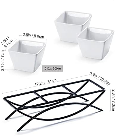 Square Ramekin Bowls 10 oz, Condiment Serving Tray with Metal Rack Stand - Chips and Dips Snack Tray for Party, alternate