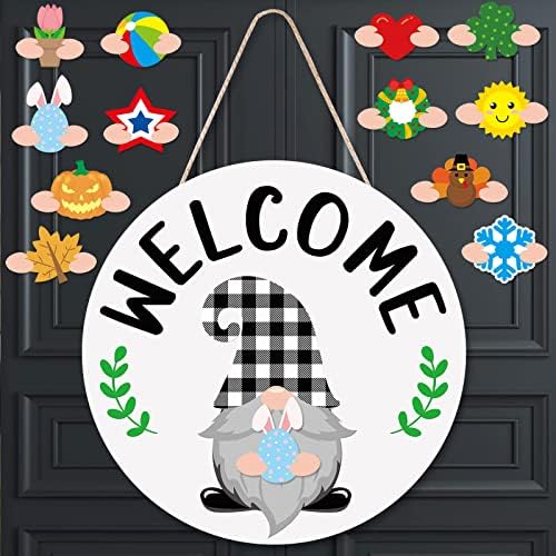 St. Patrick Day Easter Welcome Sign Interchangeable Shamrock Wreaths for Front Door Hanger Gnome Welcome Sign