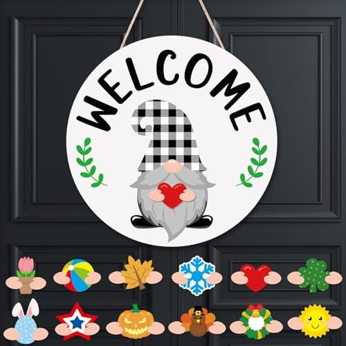 St. Patrick Day Easter Welcome Sign Interchangeable Shamrock Wreaths for Front Door Hanger Gnome Welcome Sign, alternate view