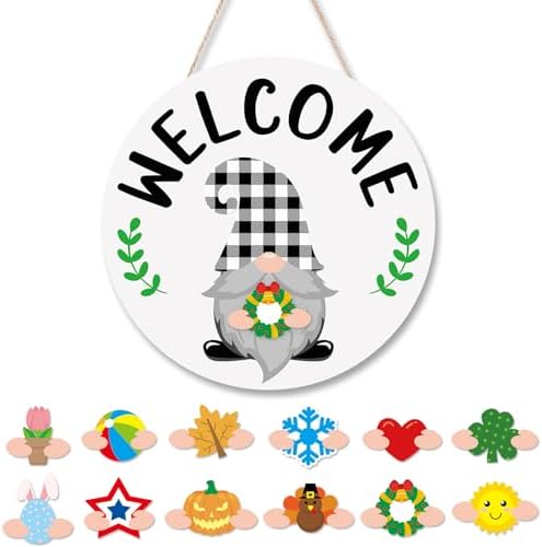 St. Patrick Day Easter Welcome Sign Interchangeable Shamrock Wreaths for Front Door Hanger Gnome Welcome Sign, alternate view