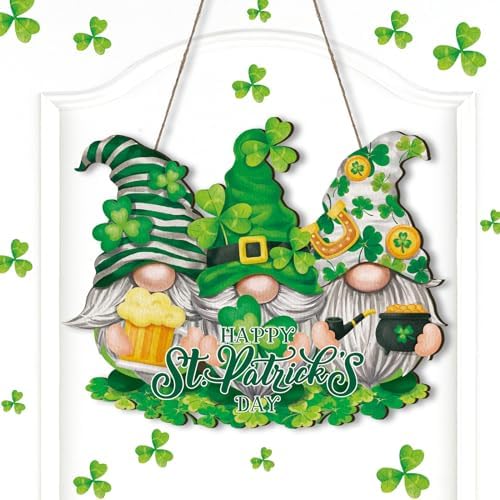 St. Patrick's Day Door Wreaths for Front Door Gnome Wooden Hanging Sign Gnome Wreath Signs Luck Shamrock Green