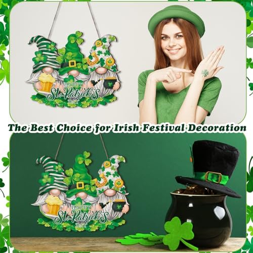 St. Patrick's Day Door Wreaths for Front Door Gnome Wooden Hanging Sign Gnome Wreath Signs Luck Shamrock Green, alternate