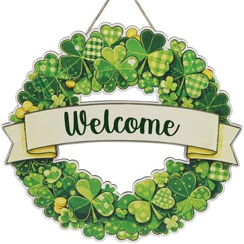 St. Patrick’s Day Shamrock Wreath Door Sign, Lucky Irish Green Clover Hanging Decor, St Patricks Day Gifts &