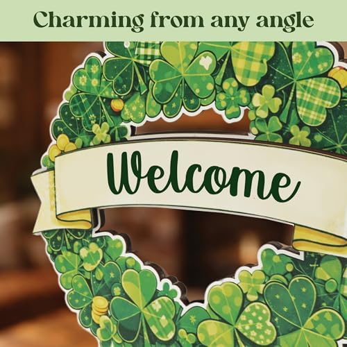 St. Patrick’s Day Shamrock Wreath Door Sign, Lucky Irish Green Clover Hanging Decor, St Patricks Day Gifts &, alternate view