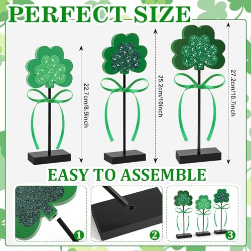 St. Patrick's Day Tiered Tray Decor, 3 Pieces Wooden Shamrock Set, Dark Green (3.1*1.7 inches Base, 0.5 inches, alternate