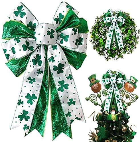 St Patricks Day Bow for Wreath Decorations,11.4 * 19.6in Large White Green Glitter Shamrock Bowknot Irish