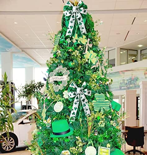 St Patricks Day Bow for Wreath Decorations,11.4 * 19.6in Large White Green Glitter Shamrock Bowknot Irish, alternate view 2
