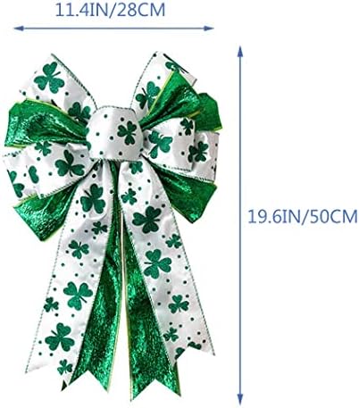 St Patricks Day Bow for Wreath Decorations,11.4 * 19.6in Large White Green Glitter Shamrock Bowknot Irish, alternate view 3