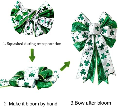 St Patricks Day Bow for Wreath Decorations,11.4 * 19.6in Large White Green Glitter Shamrock Bowknot Irish, alternate view 4