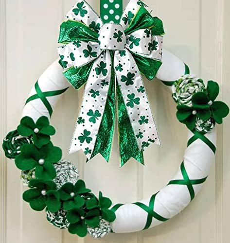 St Patricks Day Bow for Wreath Decorations,11.4 * 19.6in Large White Green Glitter Shamrock Bowknot Irish, alternate view 5