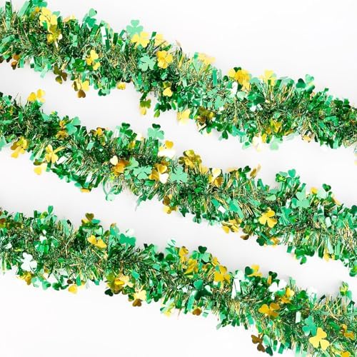 St Patricks Day Garland Decor,50Ft Glitter Tinsel Irish Shamrock Garland Decorations for Tree Mantle Bedroom, alternate view