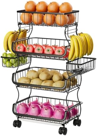 Stackable Cart, Fruit Vegetable Basket with Wheels, 4 Tier