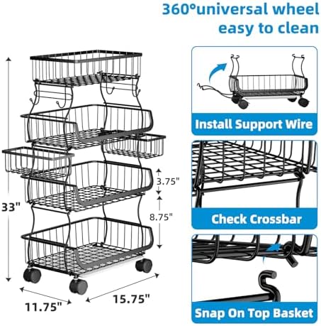Stackable Cart, Fruit Vegetable Basket with Wheels, 4 Tier, alternate view 2