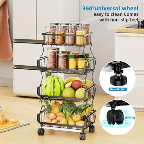 Stackable Cart, Fruit Vegetable Basket with Wheels, 4 Tier, alternate view 4