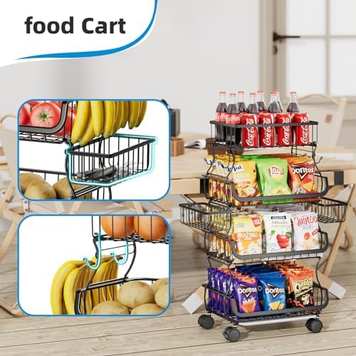 Stackable Cart, Fruit Vegetable Basket with Wheels, 4 Tier, alternate view 5