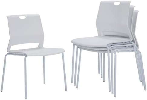 Stackable Chairs Set of 4, Waiting Area &Breakroom Chairs in White with Back