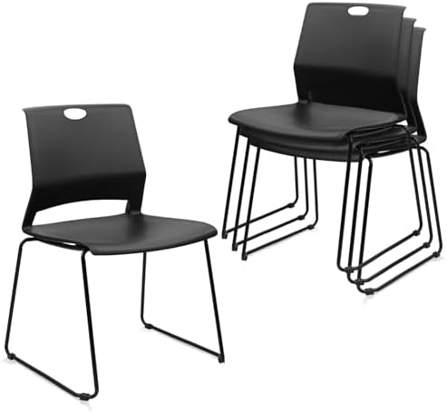 Stackable Guest Reception Chairs, Stacking Office Chair with Ergonomic Lumbar Support & Metal Legs, Plastic Desk