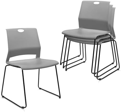 Stackable Guest Reception Chairs, Stacking Office Chair with Ergonomic Lumbar Support & Metal Legs, Plastic Desk
