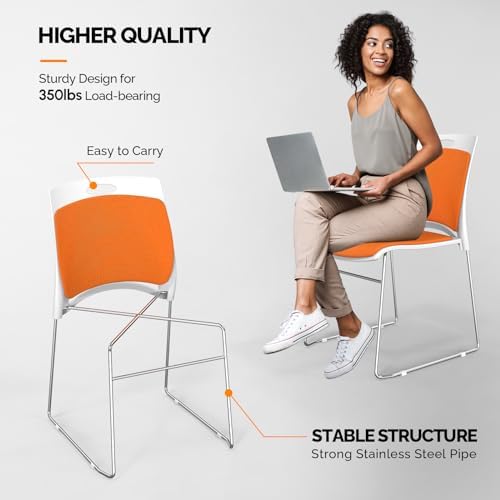Stackable Plastic Mesh Padded Chairs for Office Set of 20, Orange, alternate view 4