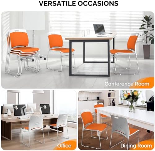 Stackable Plastic Mesh Padded Chairs for Office Set of 8, Orange, alternate view 7