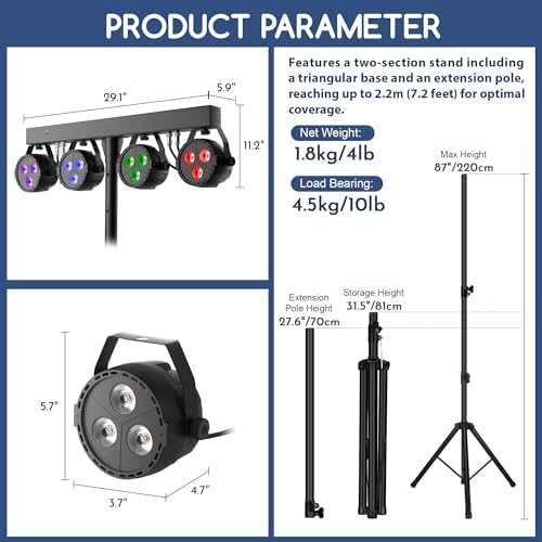 Stage Lights with Stand 120W, Professional DJ Lights Package, RGBW LED 4-Par Gigbar with DMX & Sound-Activated, alternate