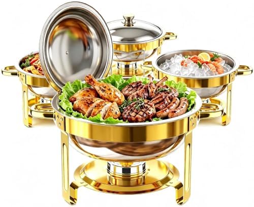 Stainless Steel Round Chafing Dish Buffet Set Food Warmer for Catering & Parties (Elegant Gold +Silver, 5QT)