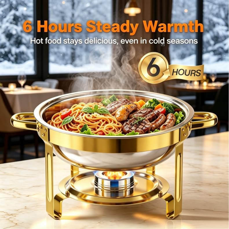 Stainless Steel Round Chafing Dish Buffet Set Food Warmer for Catering & Parties (Elegant Gold +Silver, 5QT), alternate view