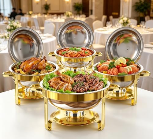 Stainless Steel Round Chafing Dish Buffet Set Food Warmer for Catering & Parties (Elegant Gold +Silver, 5QT), alternate view