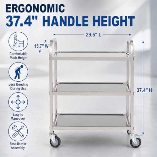 Stainless Steel Service Cart, 3 Tier, 400 lb, 37.4 in Tall Handle, alternate view 3