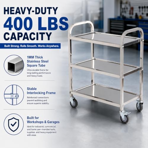 Stainless Steel Service Cart, 3 Tier, 400 lb, 37.4 in Tall Handle, alternate view 4