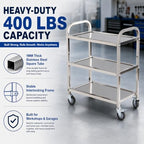 Stainless Steel Service Cart, 3 Tier, 400 lb, 37.4 in Tall Handle, alternate view 4