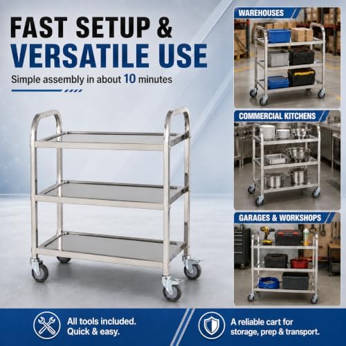 Stainless Steel Service Cart, 3 Tier, 400 lb, 37.4 in Tall Handle, alternate view 5