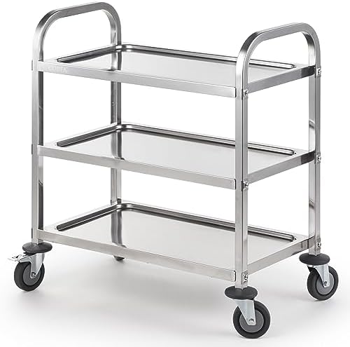 Stainless Steel Serving Trolley, 30" L x 16" W x 33" H 3 Tiered Shelf Kitchen Utility Cart, Rolling Casters
