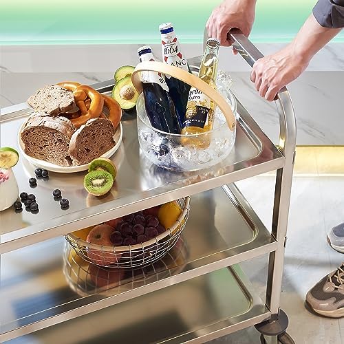 Stainless Steel Serving Trolley, 30" L x 16" W x 33" H 3 Tiered Shelf Kitchen Utility Cart, Rolling Casters, alternate view 2