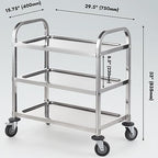 Stainless Steel Serving Trolley, 30" L x 16" W x 33" H 3 Tiered Shelf Kitchen Utility Cart, Rolling Casters, alternate view 3