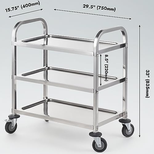 Stainless Steel Serving Trolley, 30" L x 16" W x 33" H 3 Tiered Shelf Kitchen Utility Cart, Rolling Casters, alternate view 3