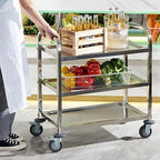Stainless Steel Serving Trolley, 30" L x 16" W x 33" H 3 Tiered Shelf Kitchen Utility Cart, Rolling Casters, alternate view 4