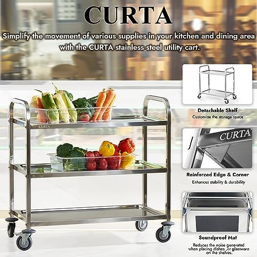 Stainless Steel Serving Trolley, 30" L x 16" W x 33" H 3 Tiered Shelf Kitchen Utility Cart, Rolling Casters, alternate view 5