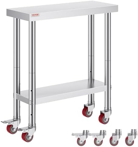 Stainless Steel Work Table 30 x 12 x 34 Inch, 700 LBS Load Capacity with 4 Wheels, 3 Adjustable Height Levels