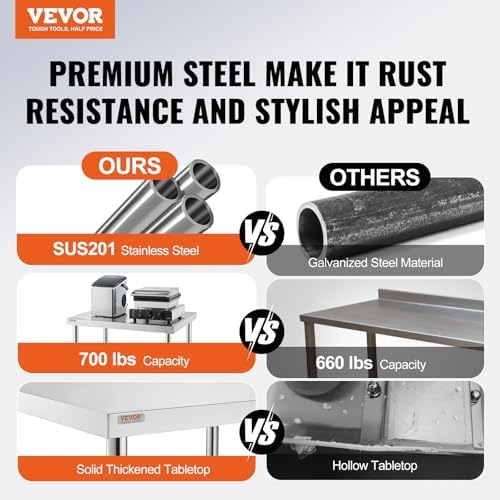 Stainless Steel Work Table 30 x 12 x 34 Inch, 700 LBS Load Capacity with 4 Wheels, 3 Adjustable Height Levels, alternate view