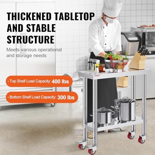 Stainless Steel Work Table 30 x 12 x 34 Inch, 700 LBS Load Capacity with 4 Wheels, 3 Adjustable Height Levels, alternate view