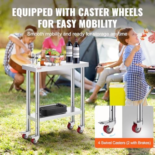 Stainless Steel Work Table 30 x 12 x 34 Inch, 700 LBS Load Capacity with 4 Wheels, 3 Adjustable Height Levels, alternate view