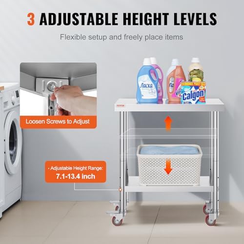 Stainless Steel Work Table 30 x 12 x 34 Inch, 700 LBS Load Capacity with 4 Wheels, 3 Adjustable Height Levels, alternate view
