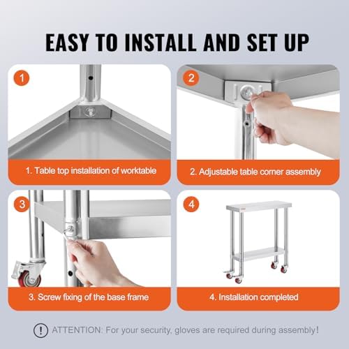 Stainless Steel Work Table 30 x 12 x 34 Inch, 700 LBS Load Capacity with 4 Wheels, 3 Adjustable Height Levels, alternate view