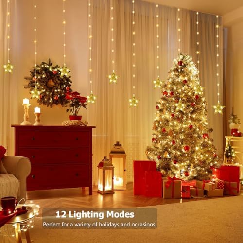 Star Curtain Lights Battery Powered, 10ft x 3.3ft Warm White & Multicolor Twinkle Fairy String Lights Curtain, alternate view