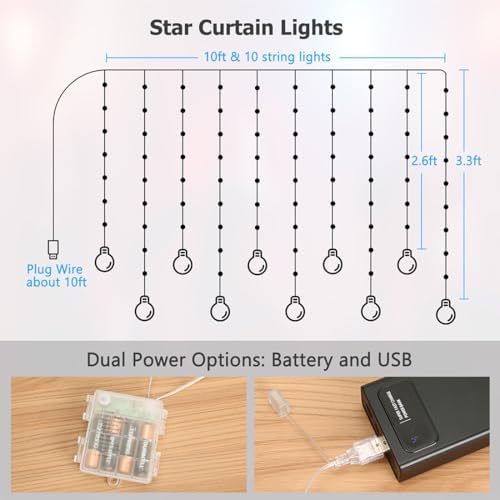 Star Curtain Lights Battery Powered, 10ft x 3.3ft Warm White & Multicolor Twinkle Fairy String Lights Curtain, alternate view