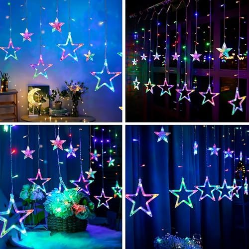 Star Curtain Lights for Bedroom - Plug-in 9ft 138 LED Fairy Twinkle Lights with 12 Star Drops, Connectable, alternate view 3
